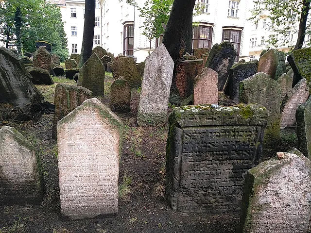 Weathered stone tombstones with Hebrew inscriptions stand among grass and trees, with pale apartment buildings and tall windows rising behind them.